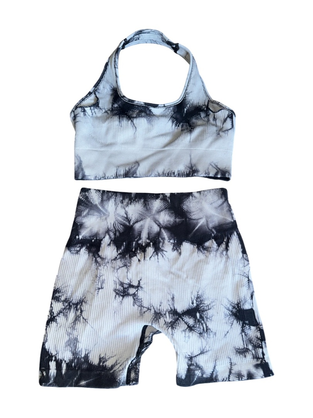 Tie-Dye Ribbed Crop Top & Biker Shorts Set - Black & White